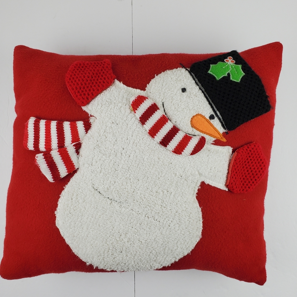 Red felt embellished snowman pillow 16x16